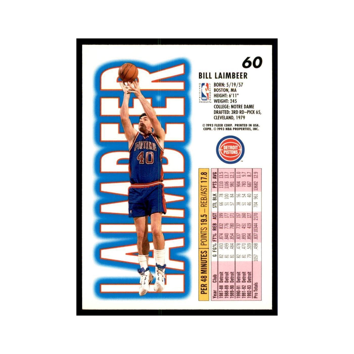 1993 Fleer Bill Laimbeer Basketball Cards #60