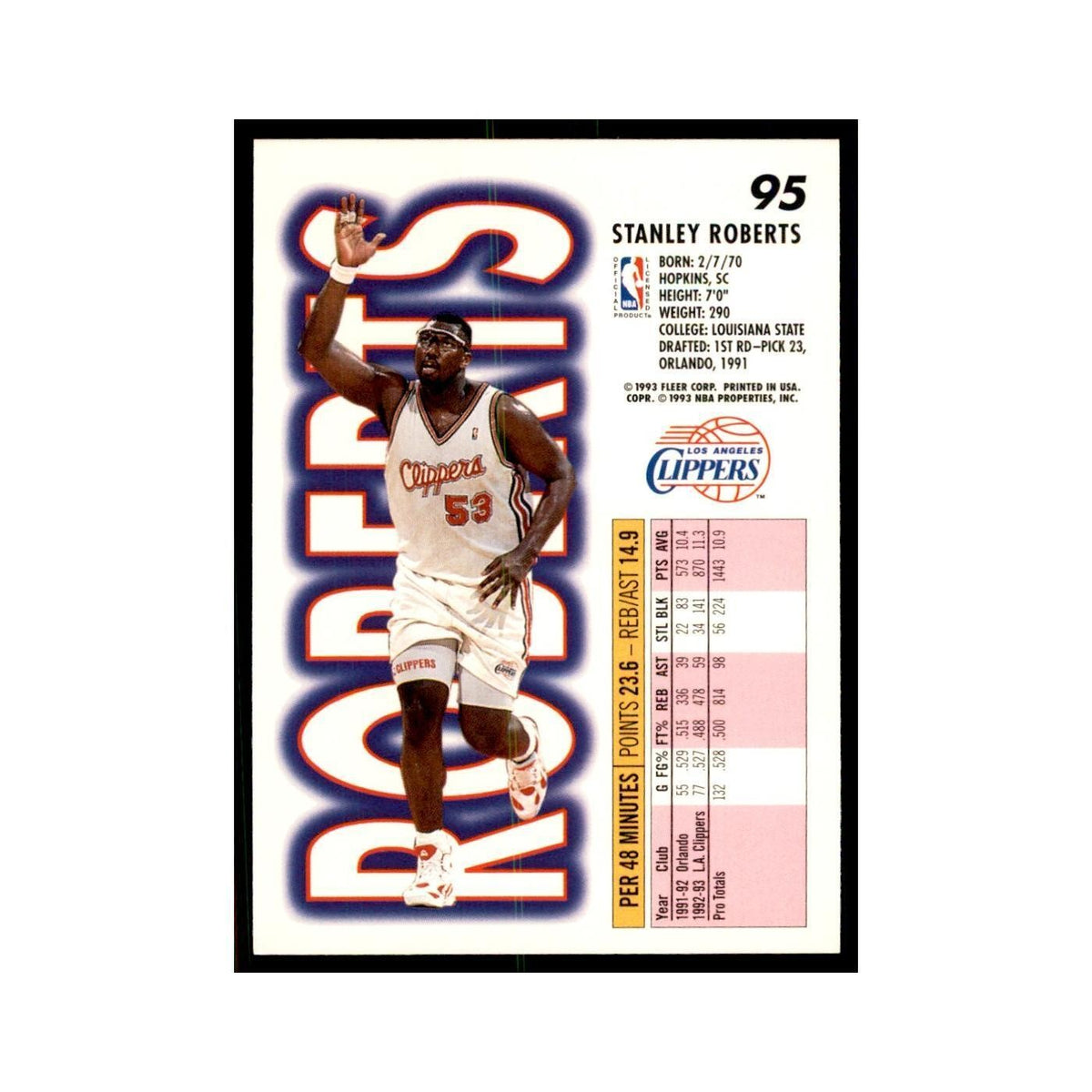 1993 Fleer Stanley Roberts Basketball Cards #95