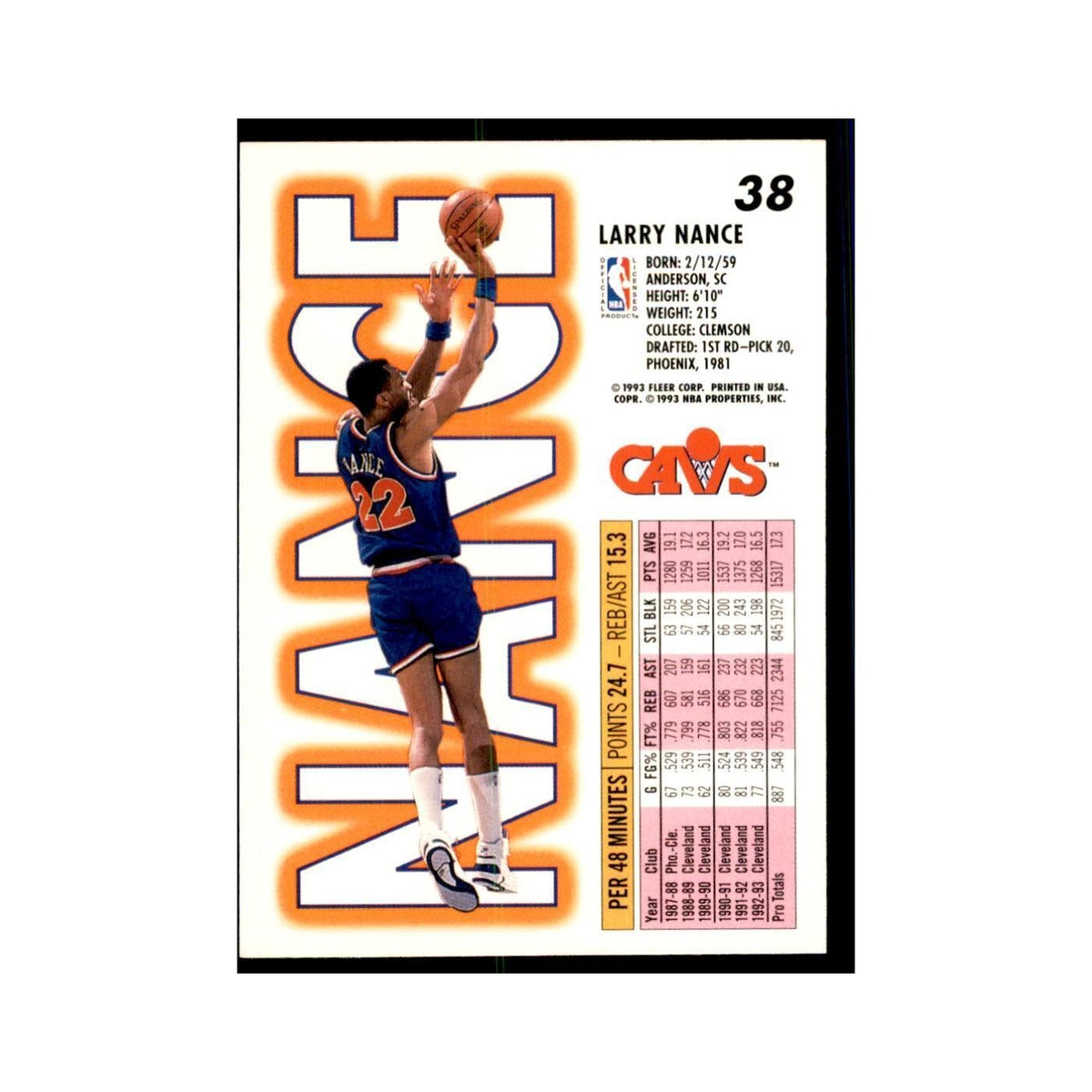 1993 Fleer Larry Nance Basketball Cards #38