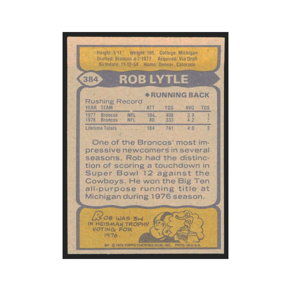 1979 Topps Rob Lytle Broncos #384