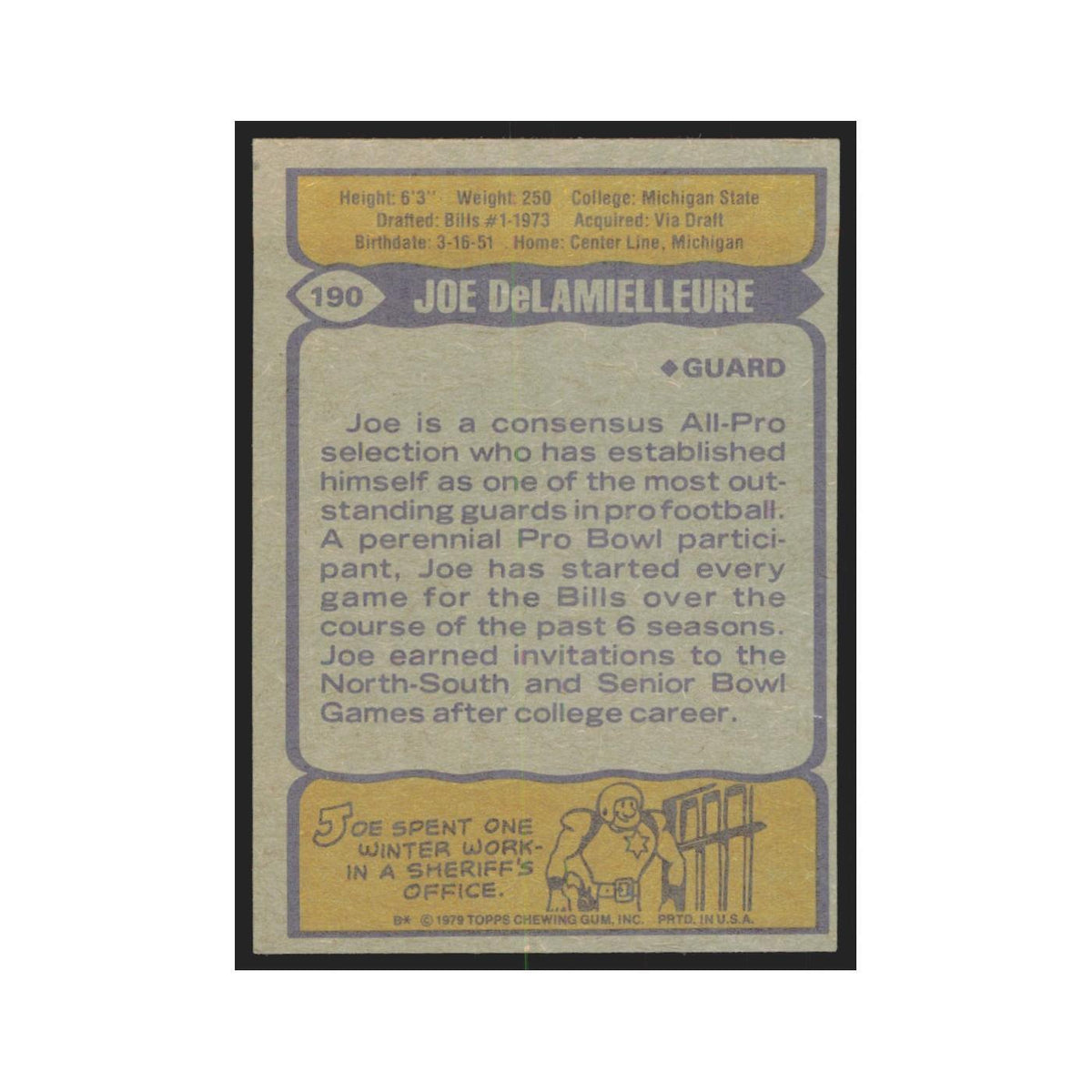 1979 Topps Joe DeLamielleure Bills #190