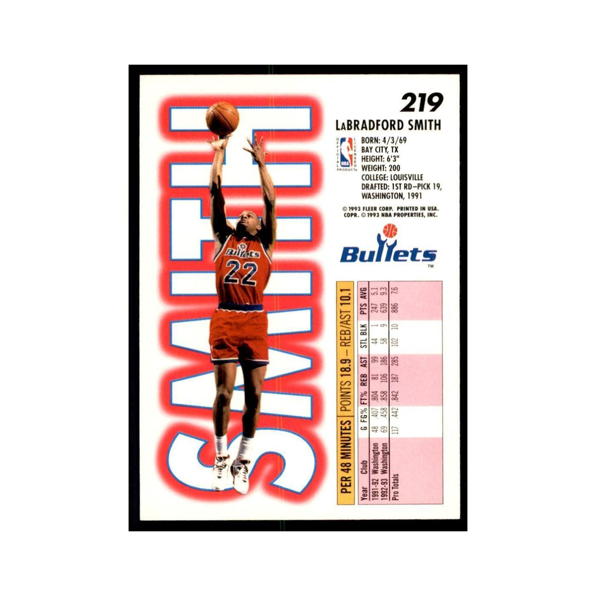 1993 Fleer LaBradford Smith Basketball Cards #219