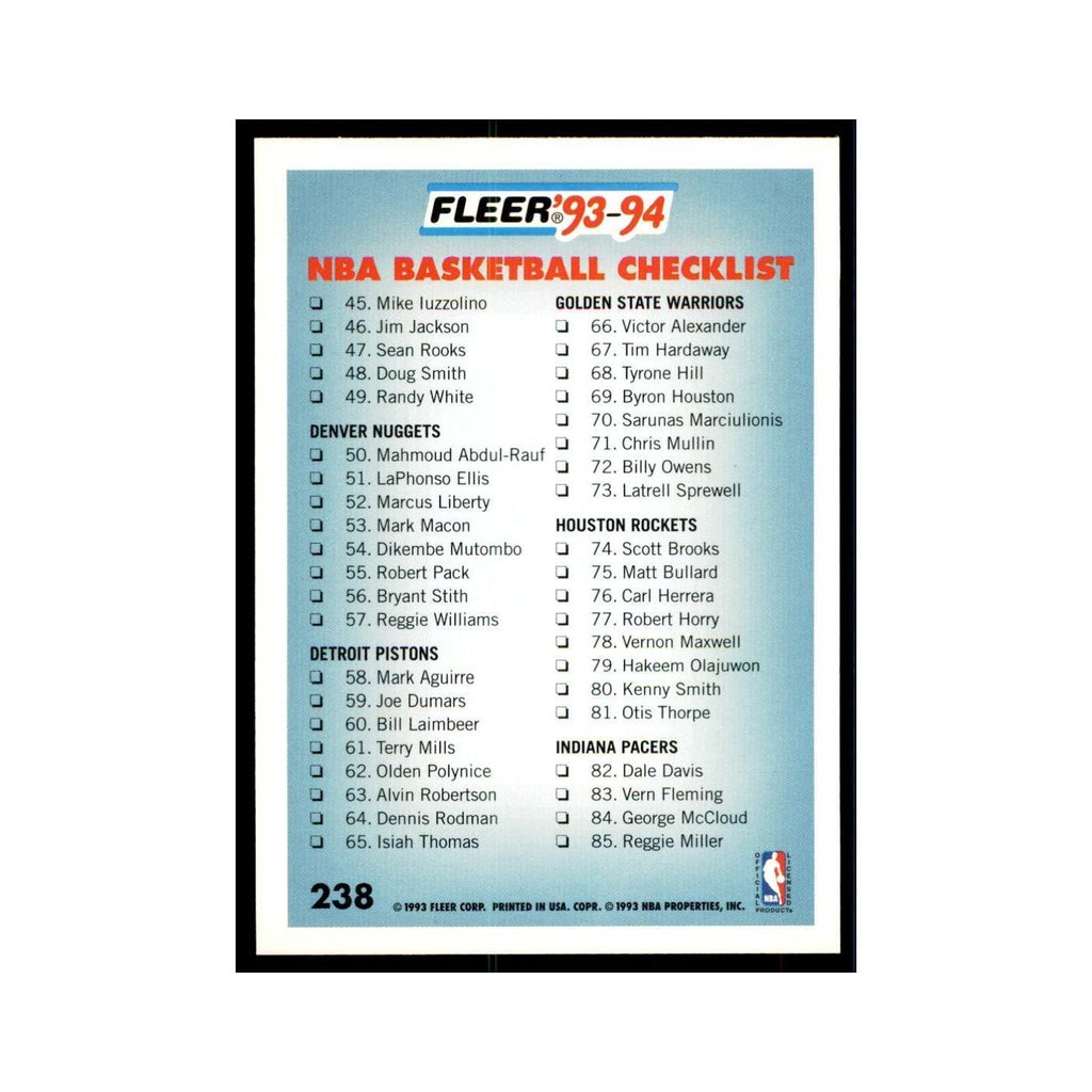 1993 Fleer Checklist 1-85 Basketball Cards #238