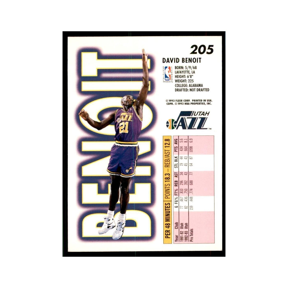 1993 Fleer David Benoit Basketball Cards #205