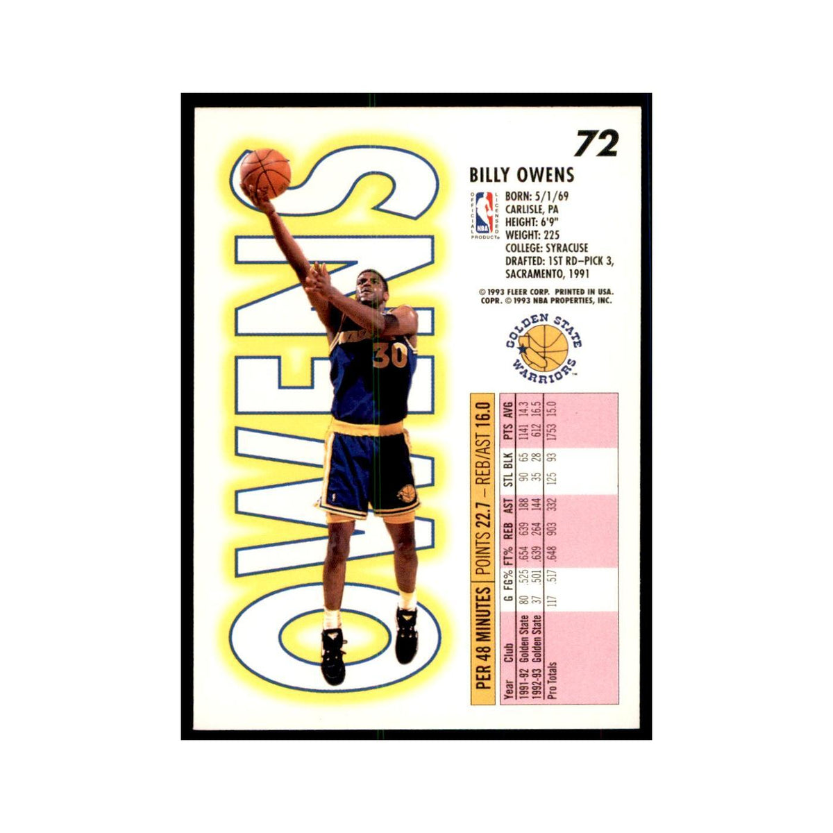 1993 Fleer Billy Owens Cards #72