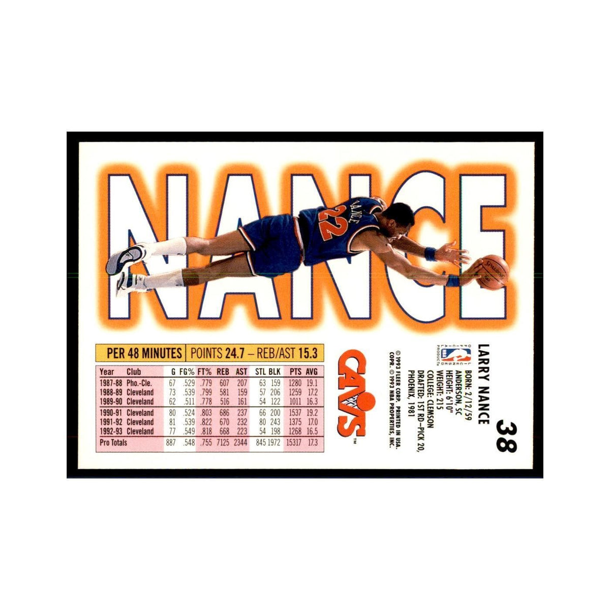 1993 Fleer Larry Nance Basketball Cards #38