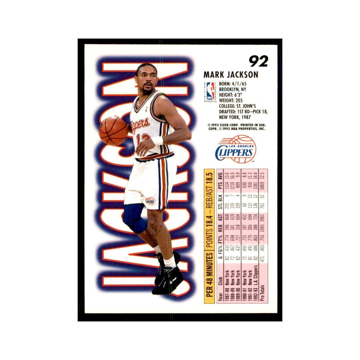 1993 Fleer Mark Jackson Basketball Cards #92