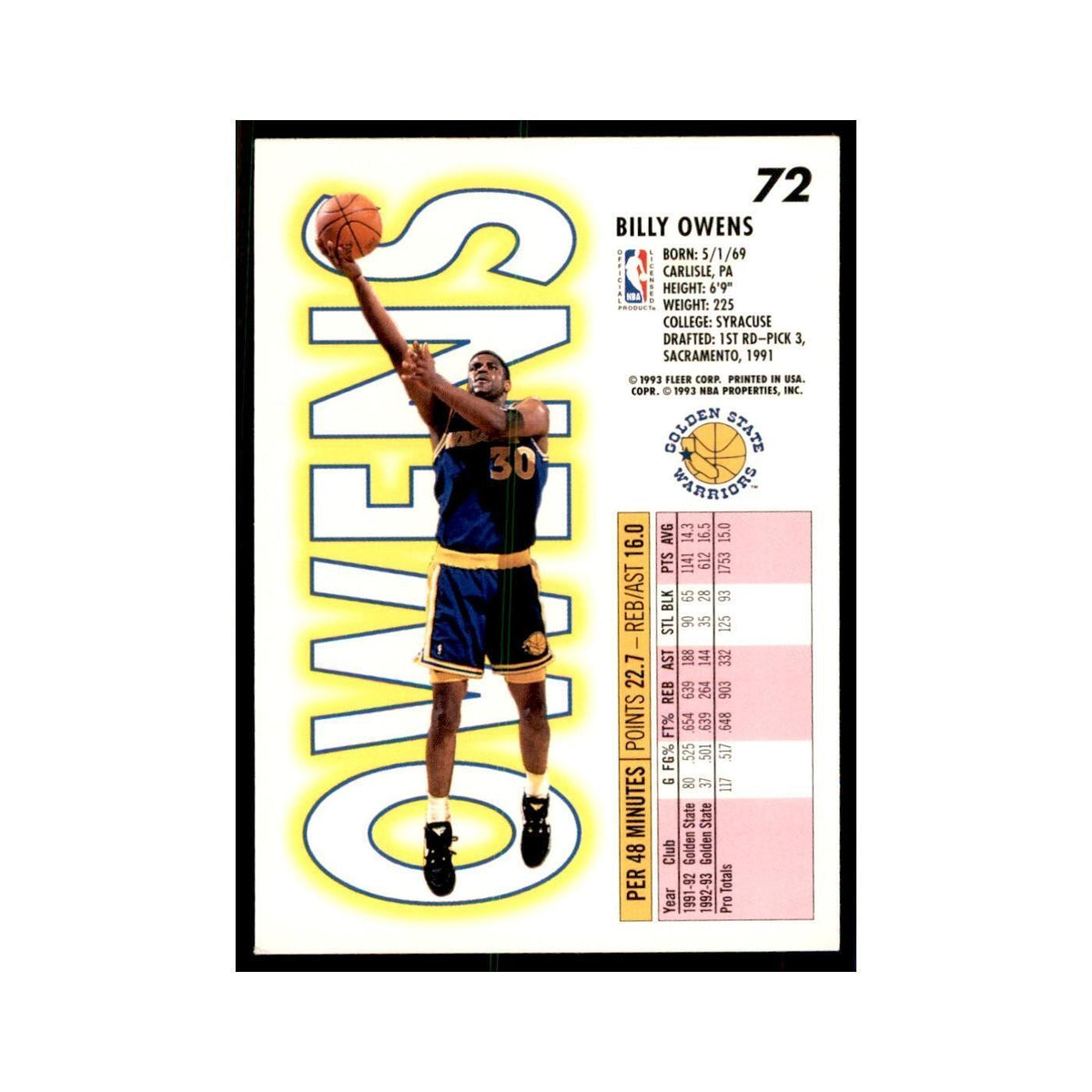 1993 Fleer Billy Owens Basketball Cards #72