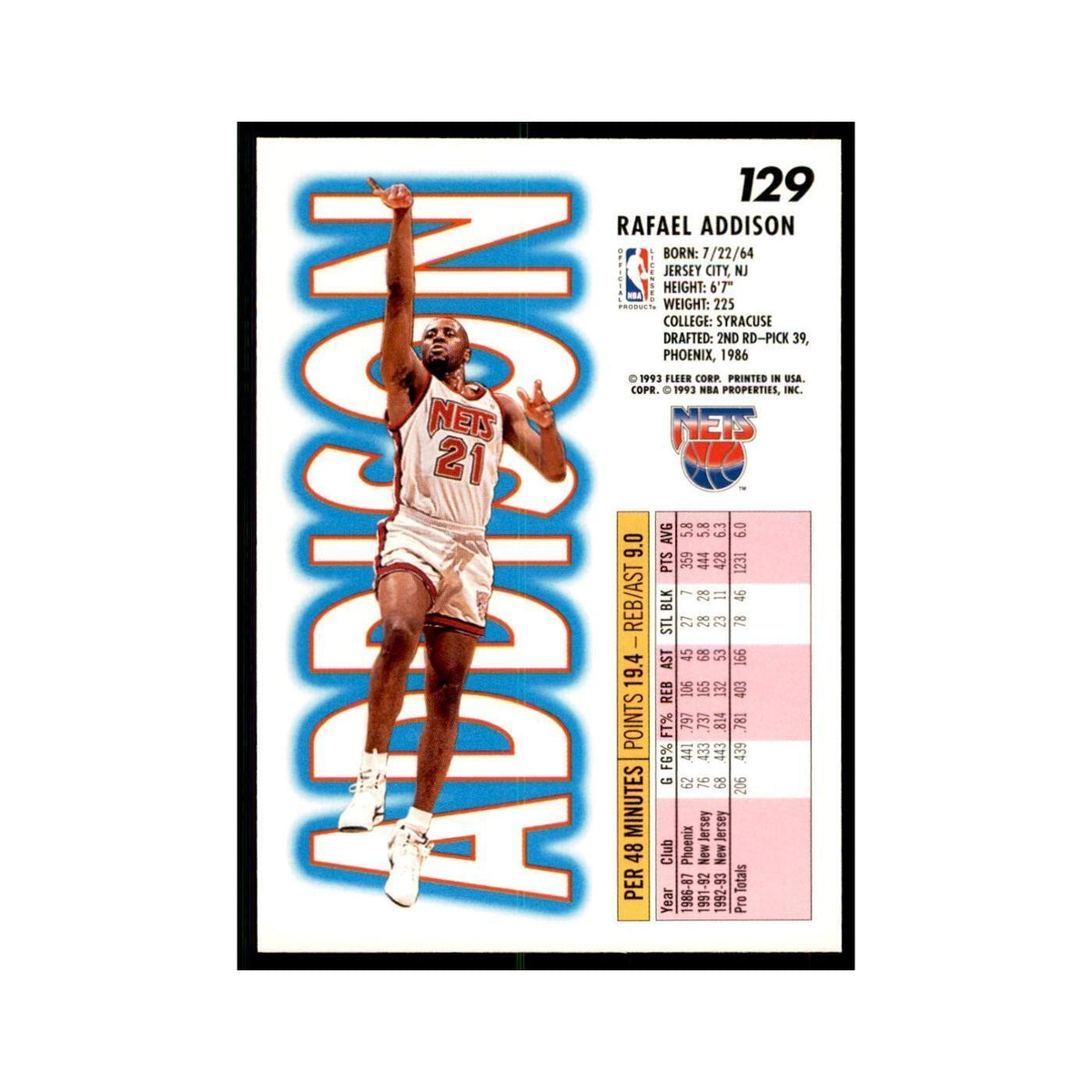 1993 Fleer Rafael Addison Basketball Cards #129