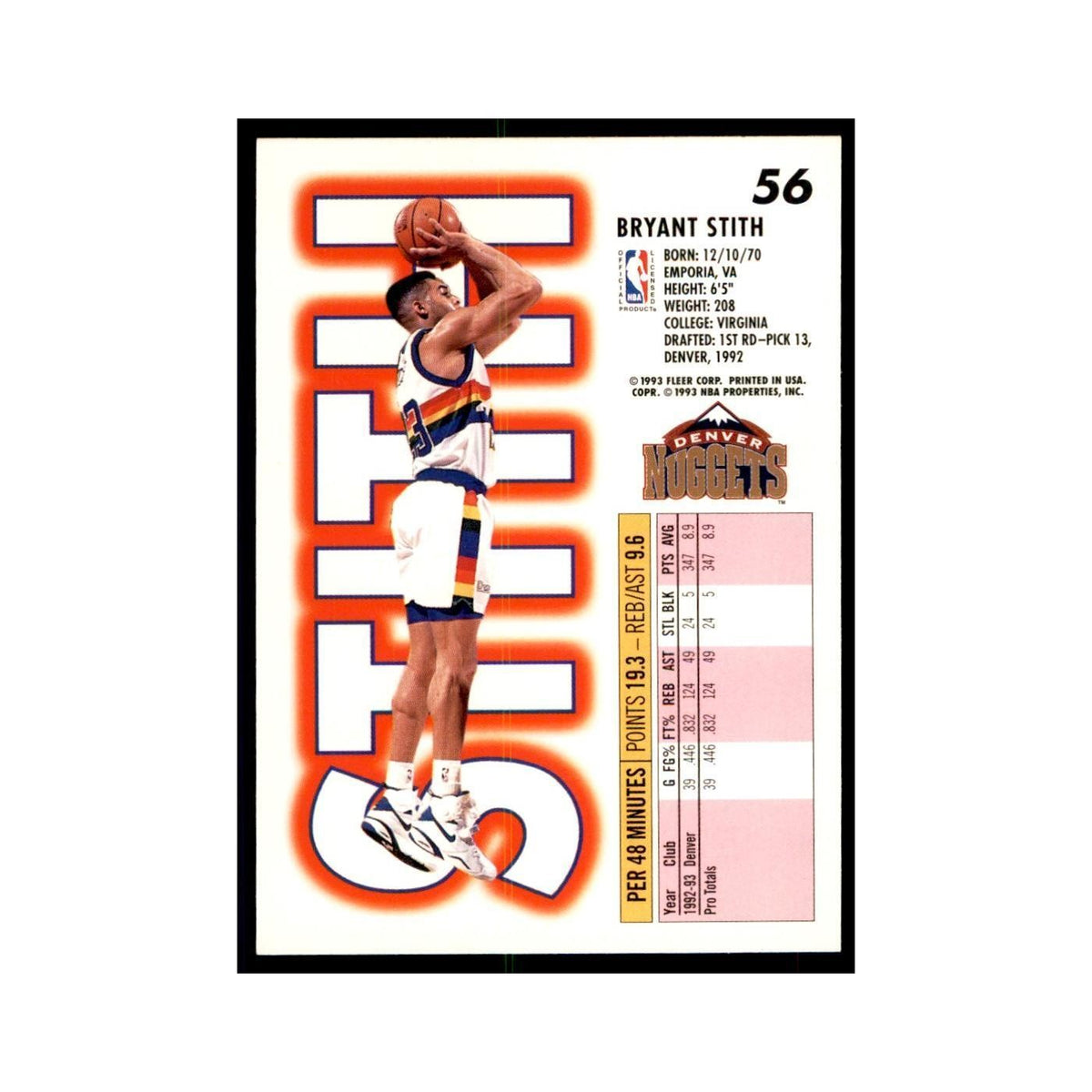1993 Fleer Bryant Stith Basketball Cards #56