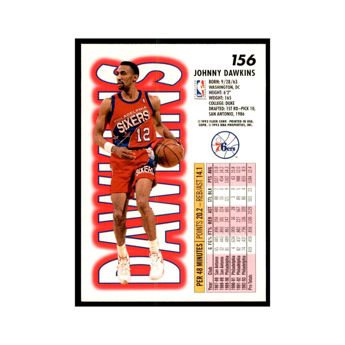 1993 Fleer Johnny Dawkins Cards #156