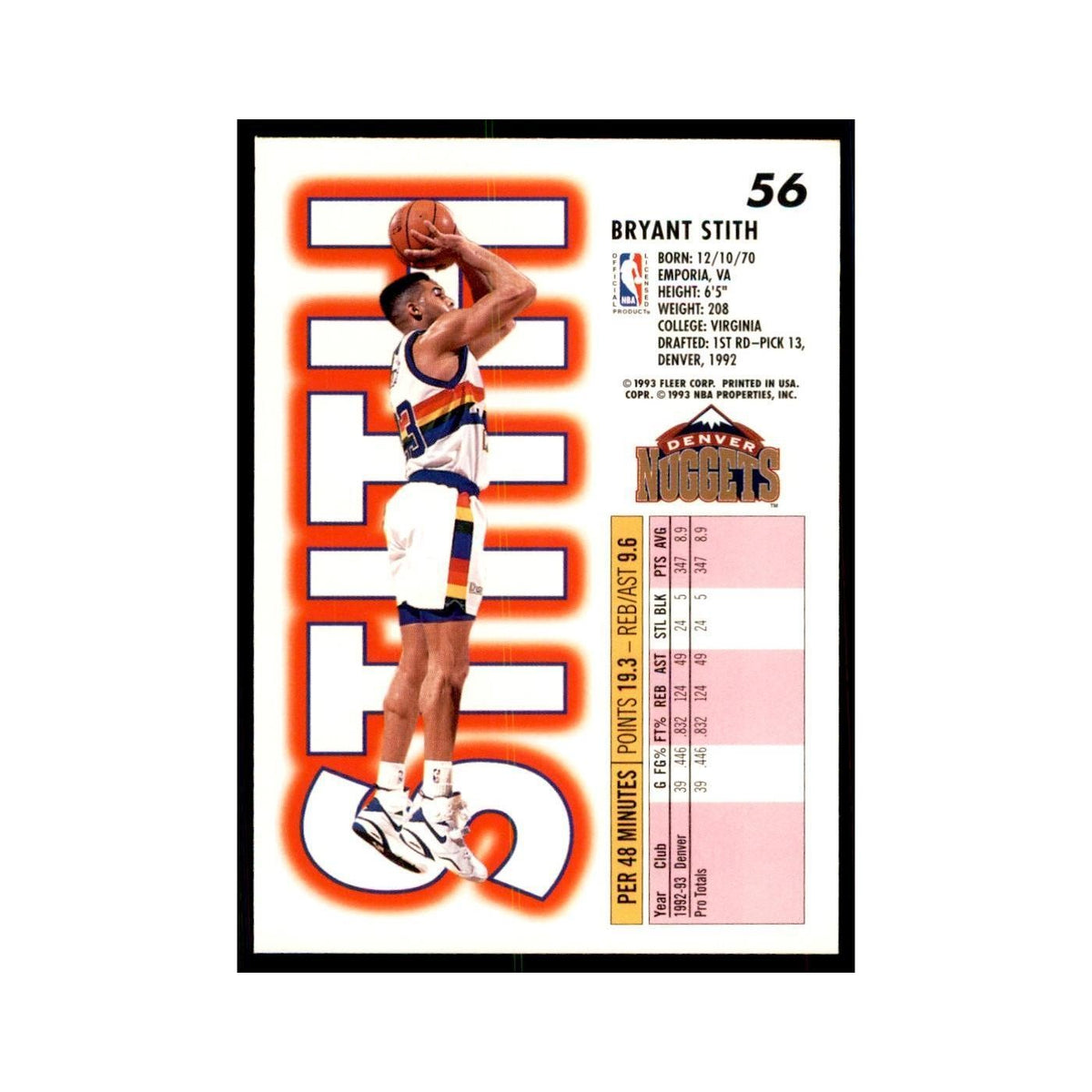 1993 Fleer Bryant Stith Basketball Cards #56