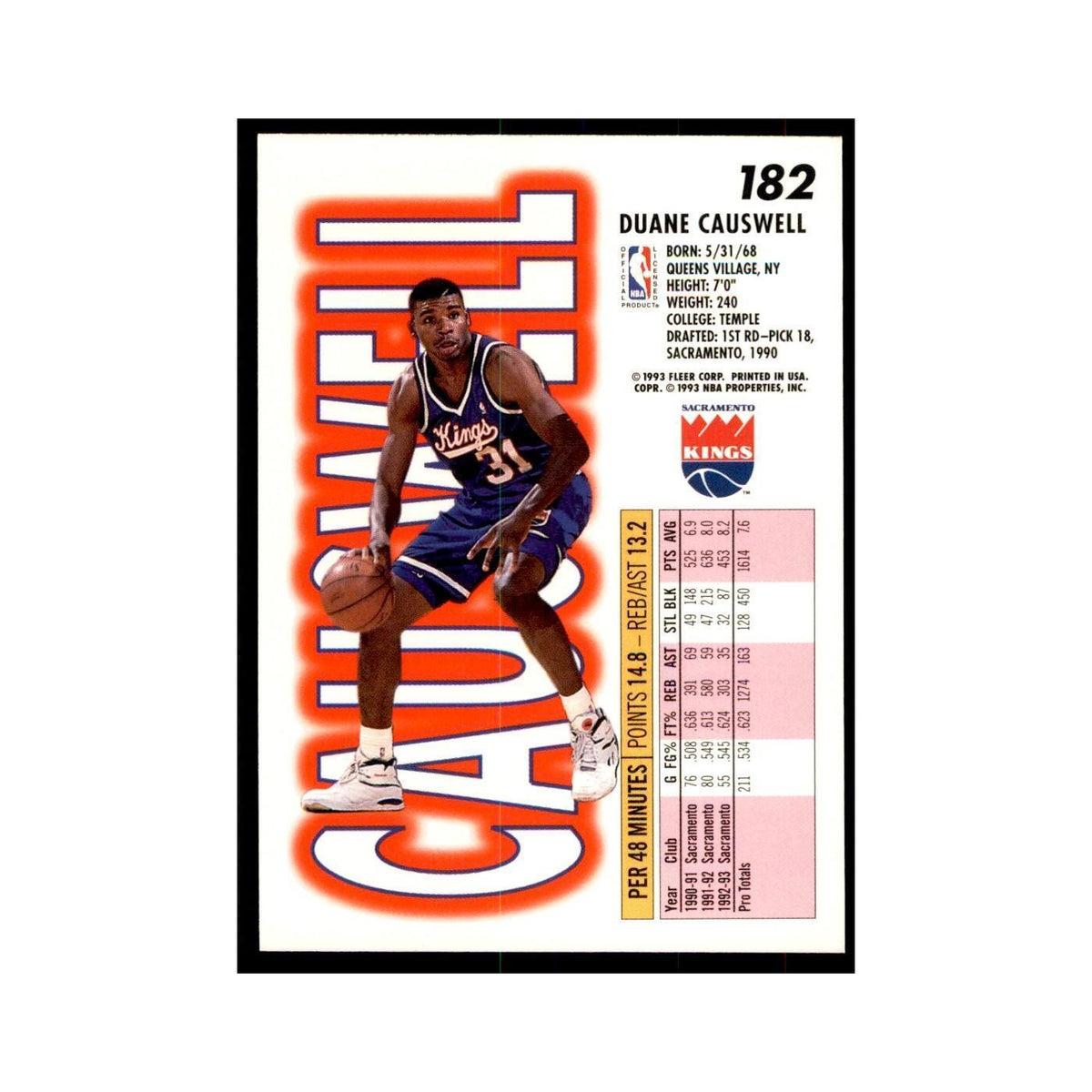 1993 Fleer Duane Causwell Basketball Cards #182