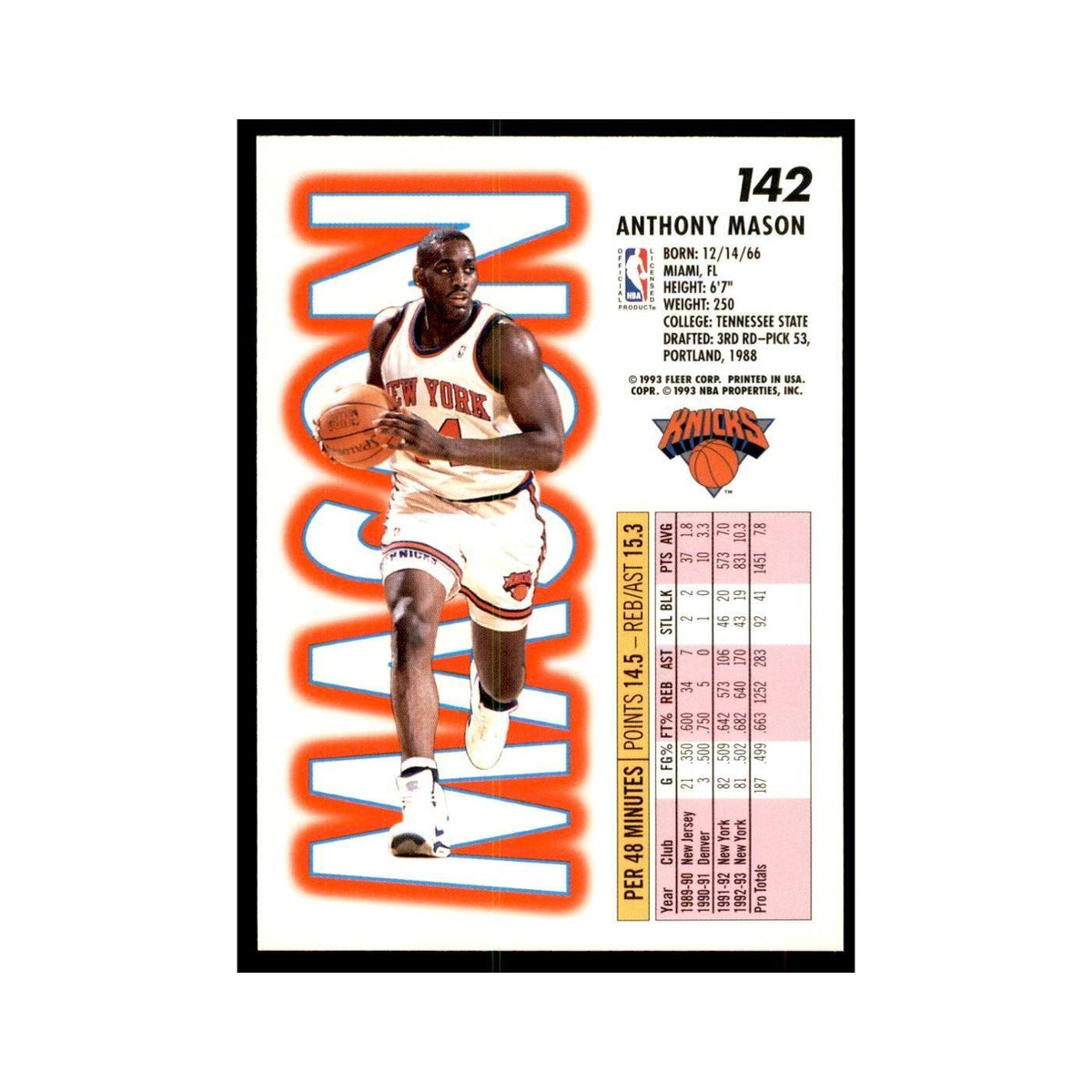 1993 Fleer Anthony Mason Basketball Cards #142