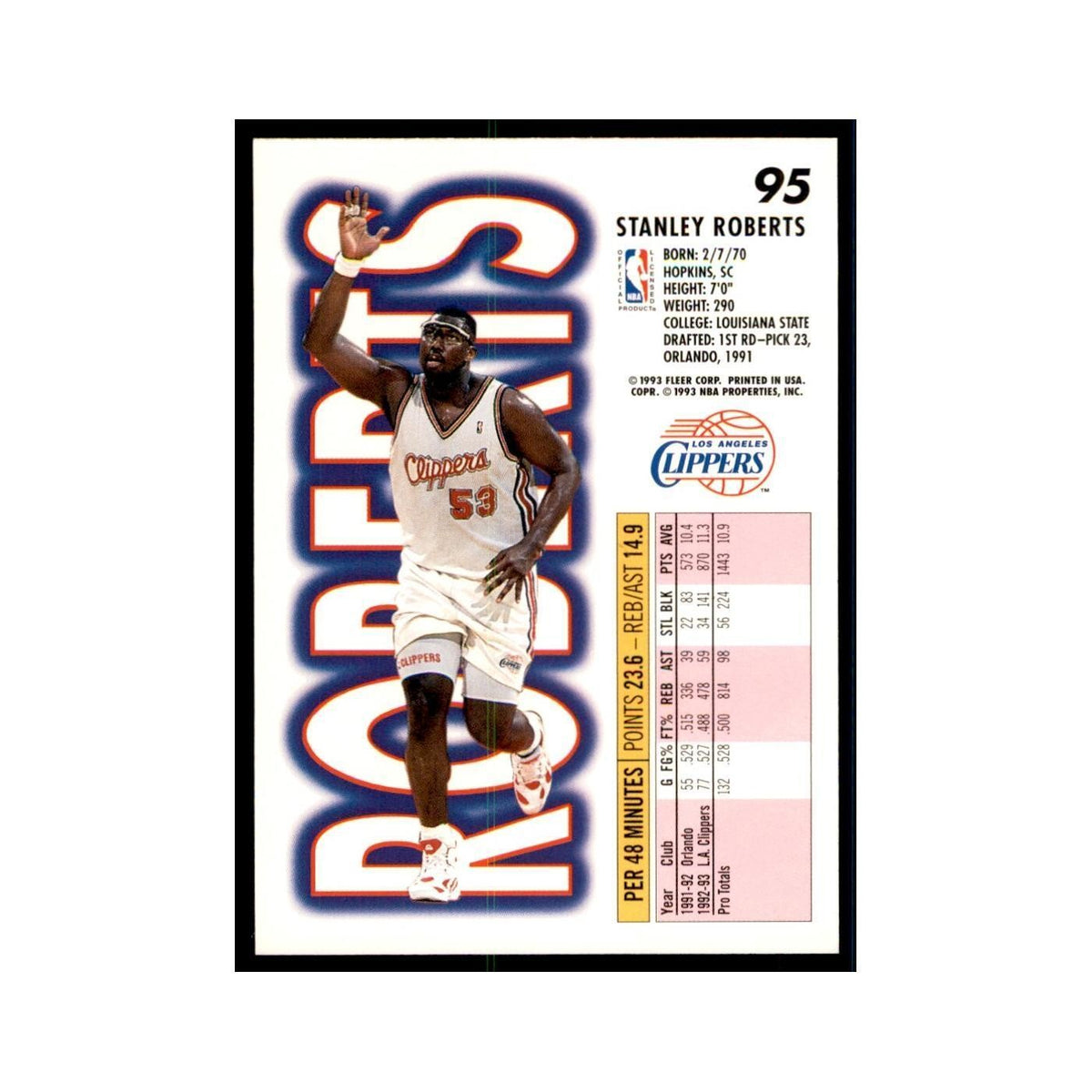1993 Fleer Stanley Roberts Basketball Cards #95