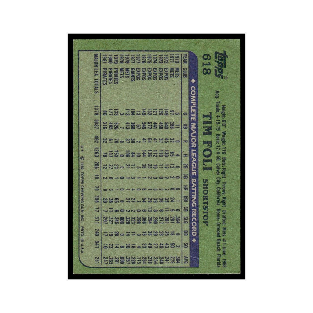 Tim Foli 1982 Topps #618.0 Pittsburgh Pirates Baseball Card EX