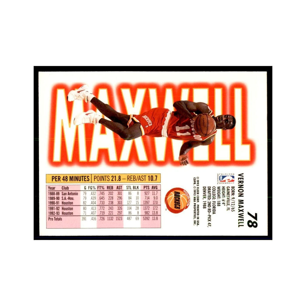 1993 Fleer. Vernon Maxwell Basketball Cards #78