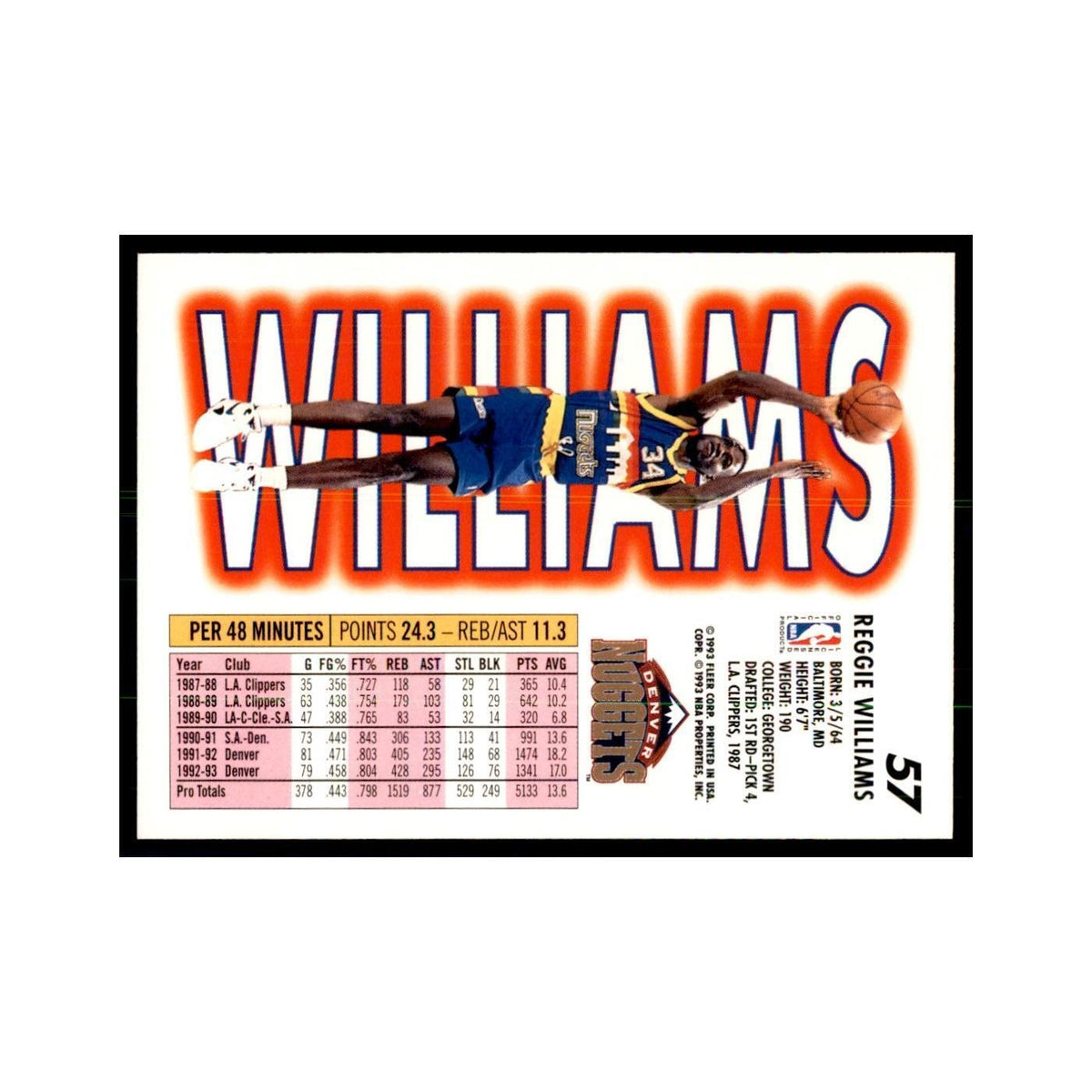 1993 Fleer. Reggie Williams Basketball Cards #57