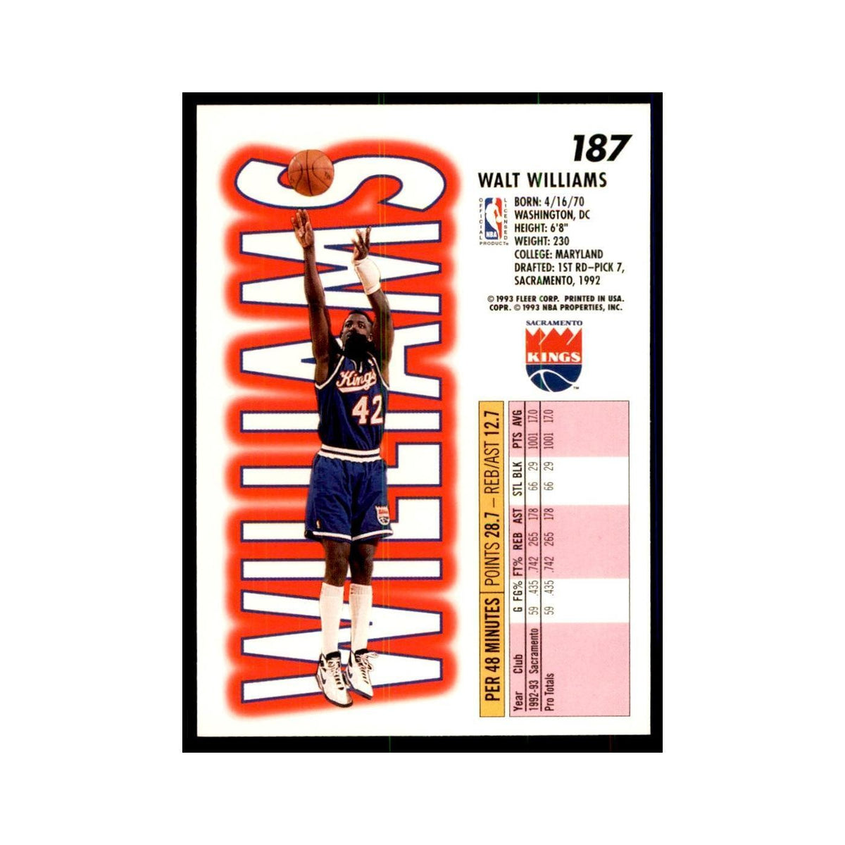 1993 Fleer. Walt Williams Basketball Cards #187