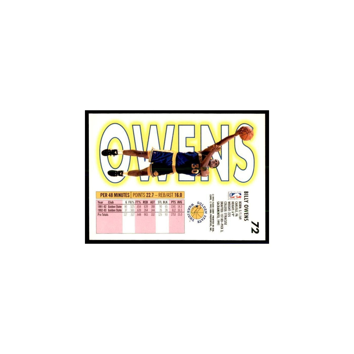 1993 Fleer. Billy Owens Basketball Cards #72