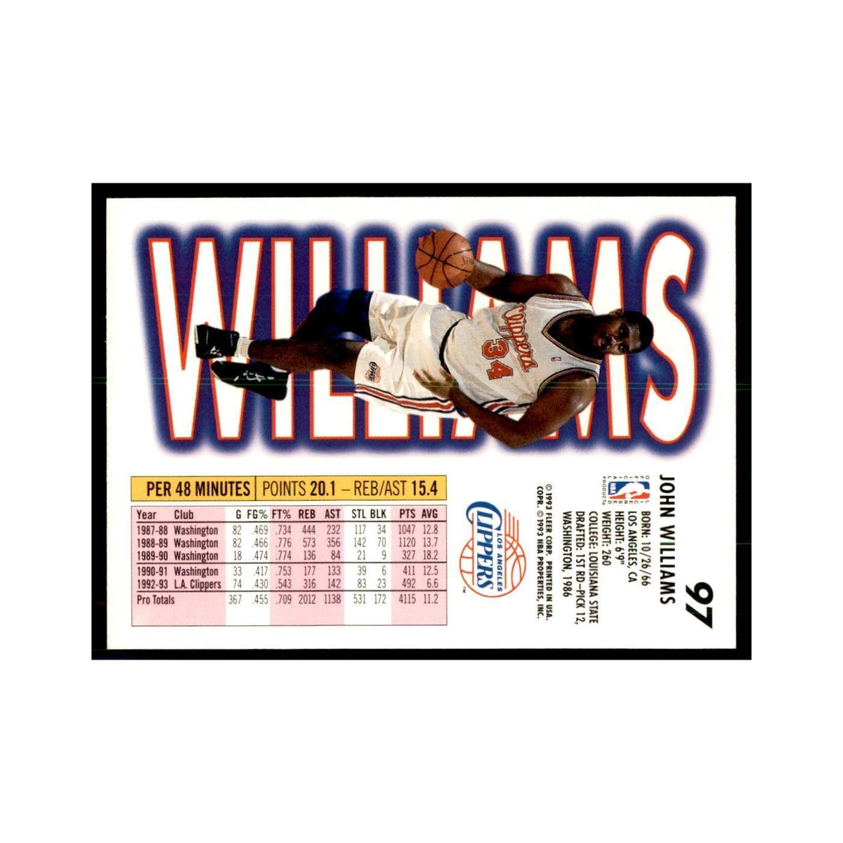 1993 Fleer. John Williams Basketball Cards #97
