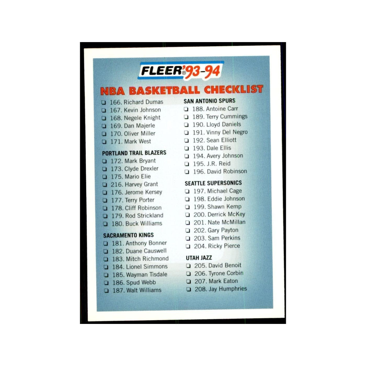 1993 Fleer. Checklist Basketball Cards #240