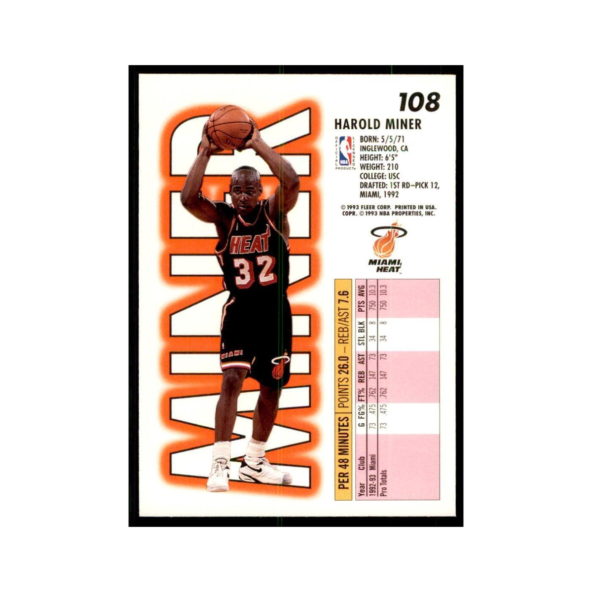 1993 Fleer. Harold Miner Basketball Cards #108