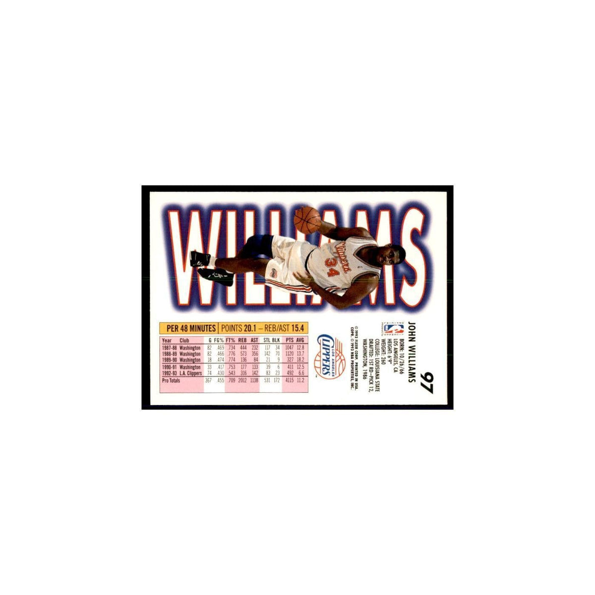 1993 Fleer. John Williams Basketball Cards #97