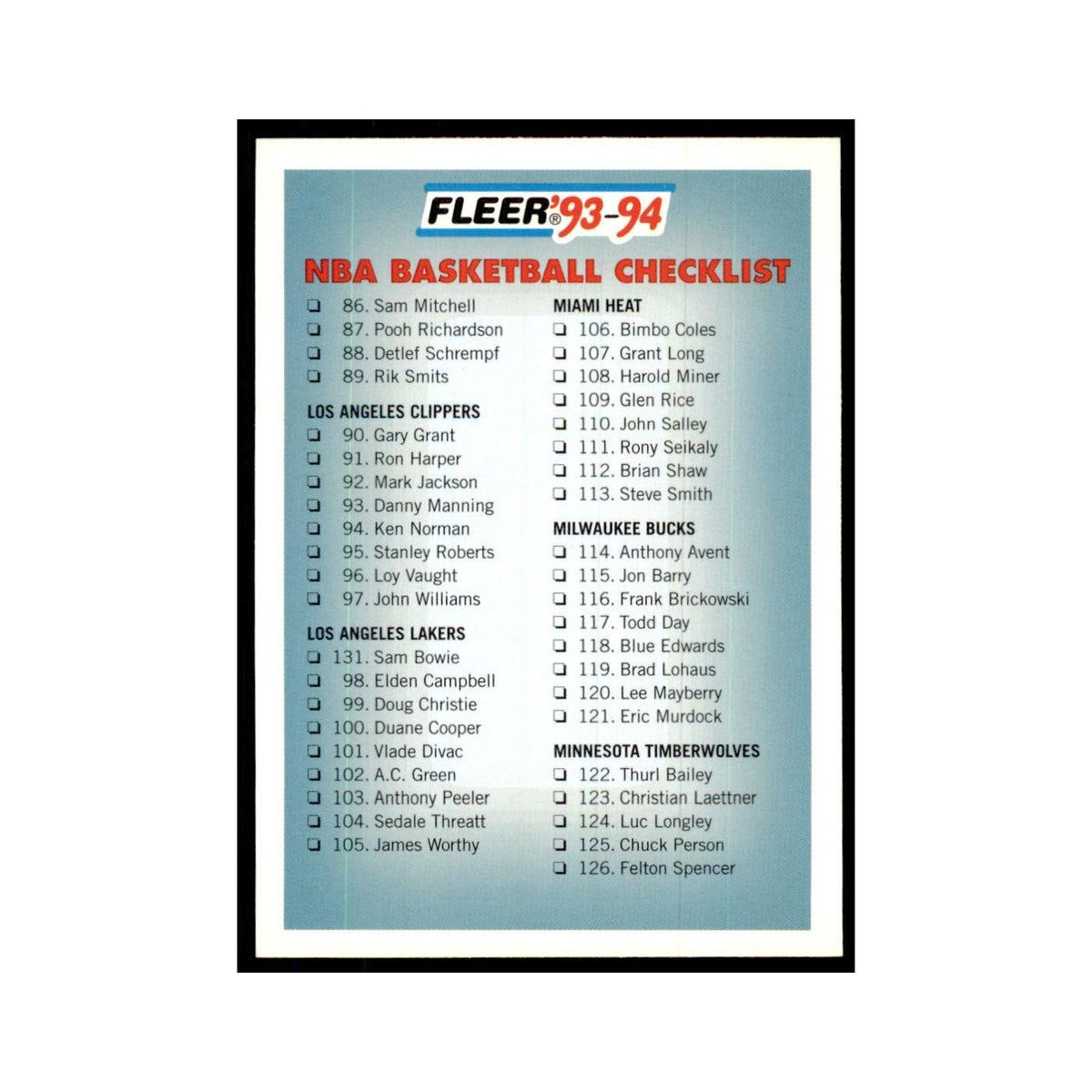 1993 Fleer. Checklist Basketball Cards #239