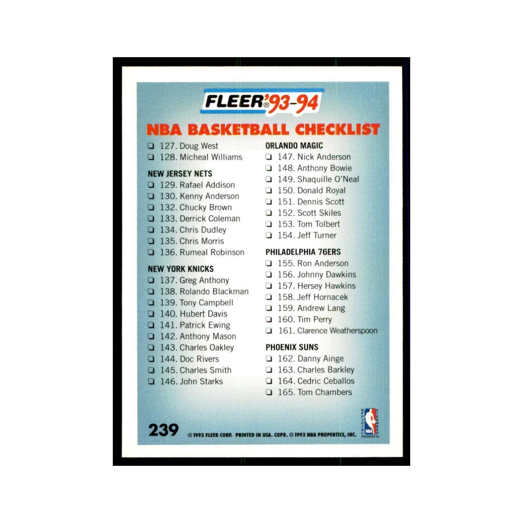 1993 Fleer. Checklist Basketball Cards #239