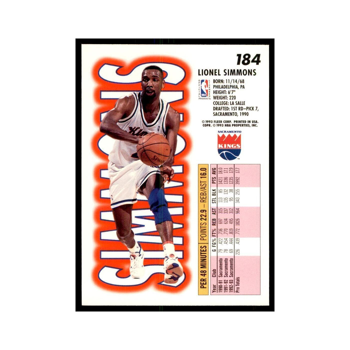1993 Fleer. Lionel Simmons Basketball Cards #184