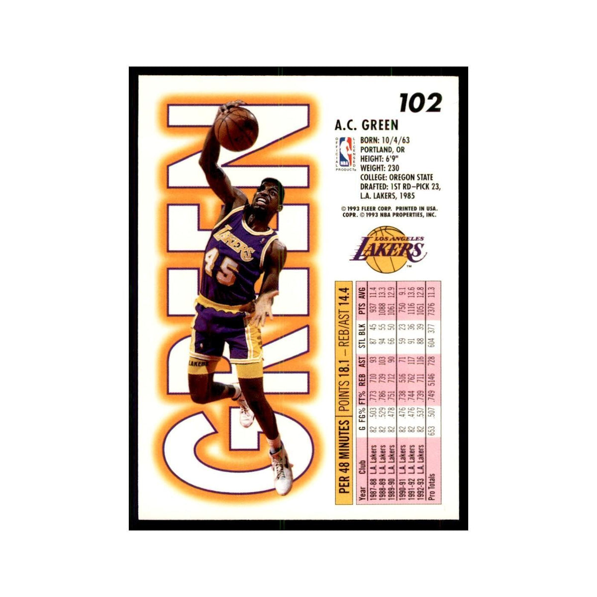 1993 Fleer. A.C. Green Basketball Cards #102