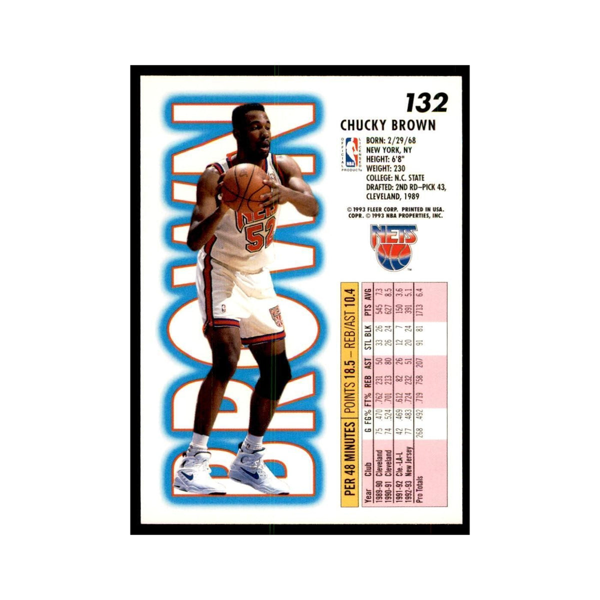 1993 Fleer. Chucky Brown Basketball Cards #132