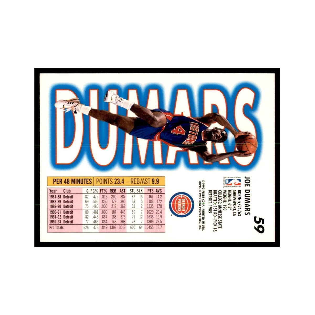 1993 Fleer. Joe Dumars Basketball Cards #59