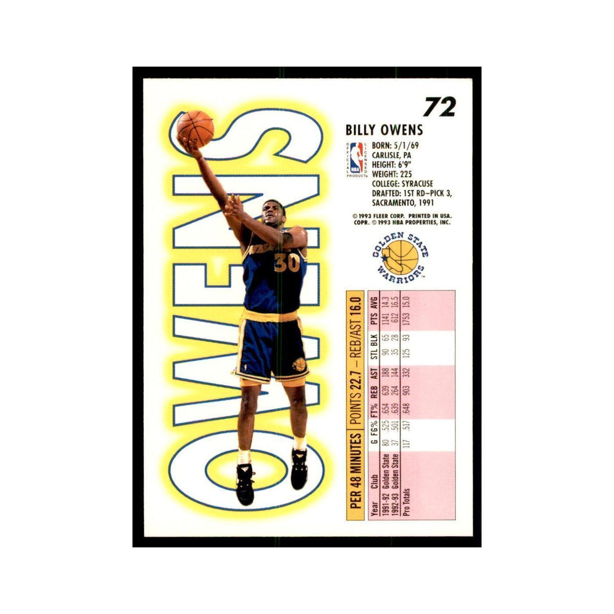 1993 Fleer. Billy Owens Basketball Cards #72