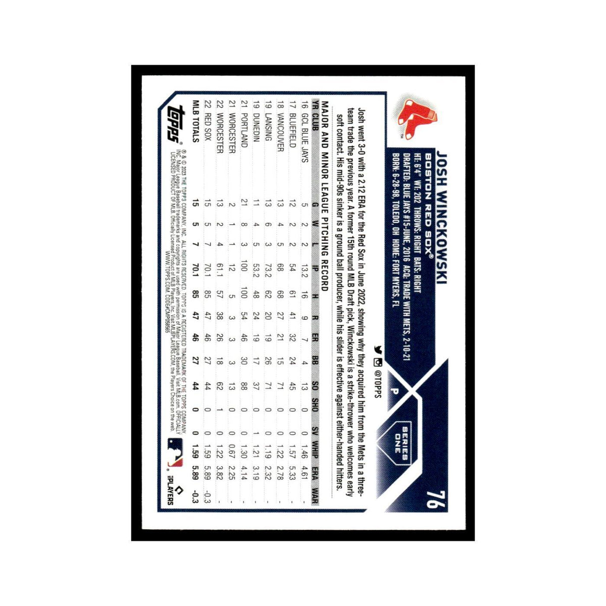 Josh Winckowski Rookie 2023 Topps #76 Boston Red Sox Baseball Card NM
