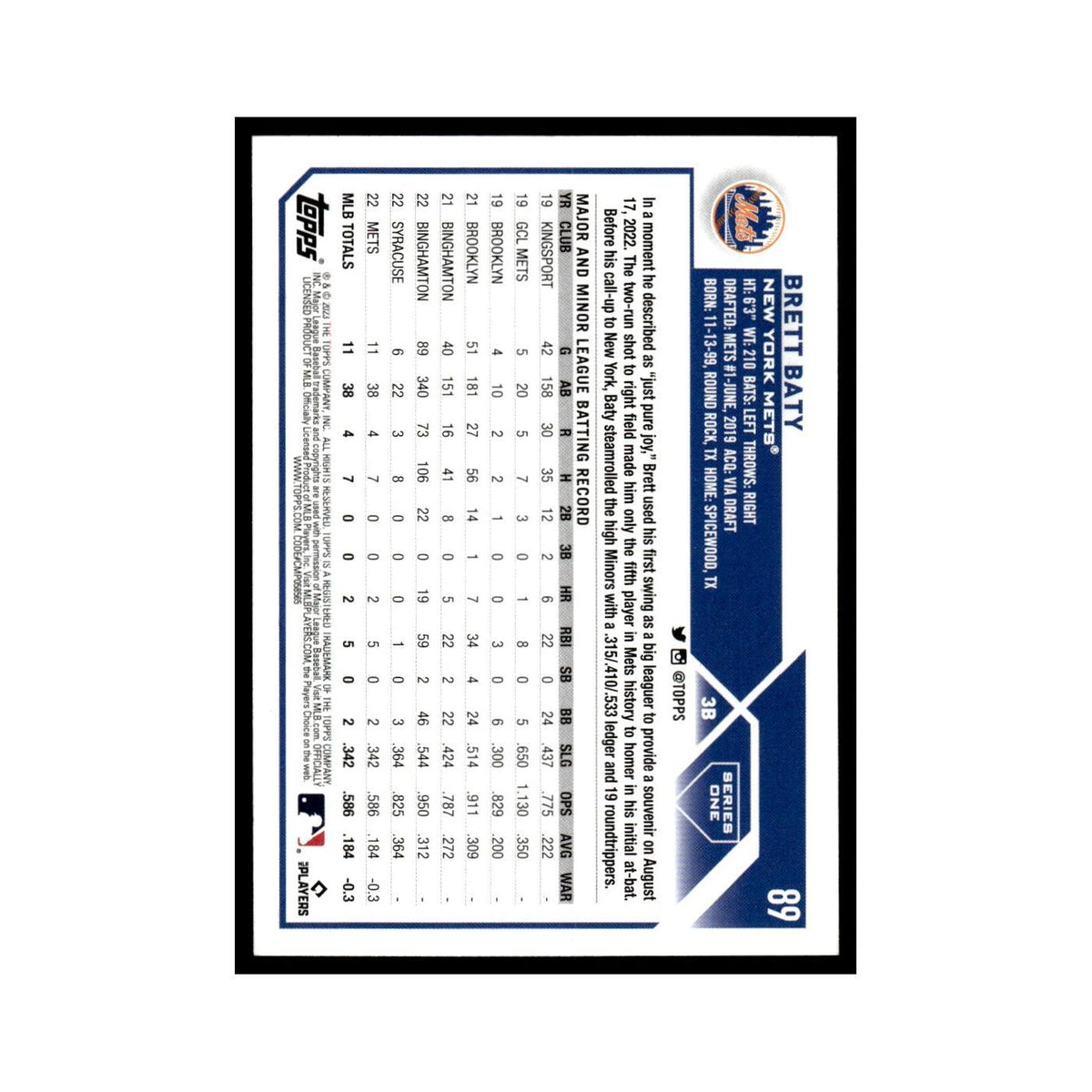 Brett Baty Rookie 2023 Topps #89 New York Mets Baseball Card NM