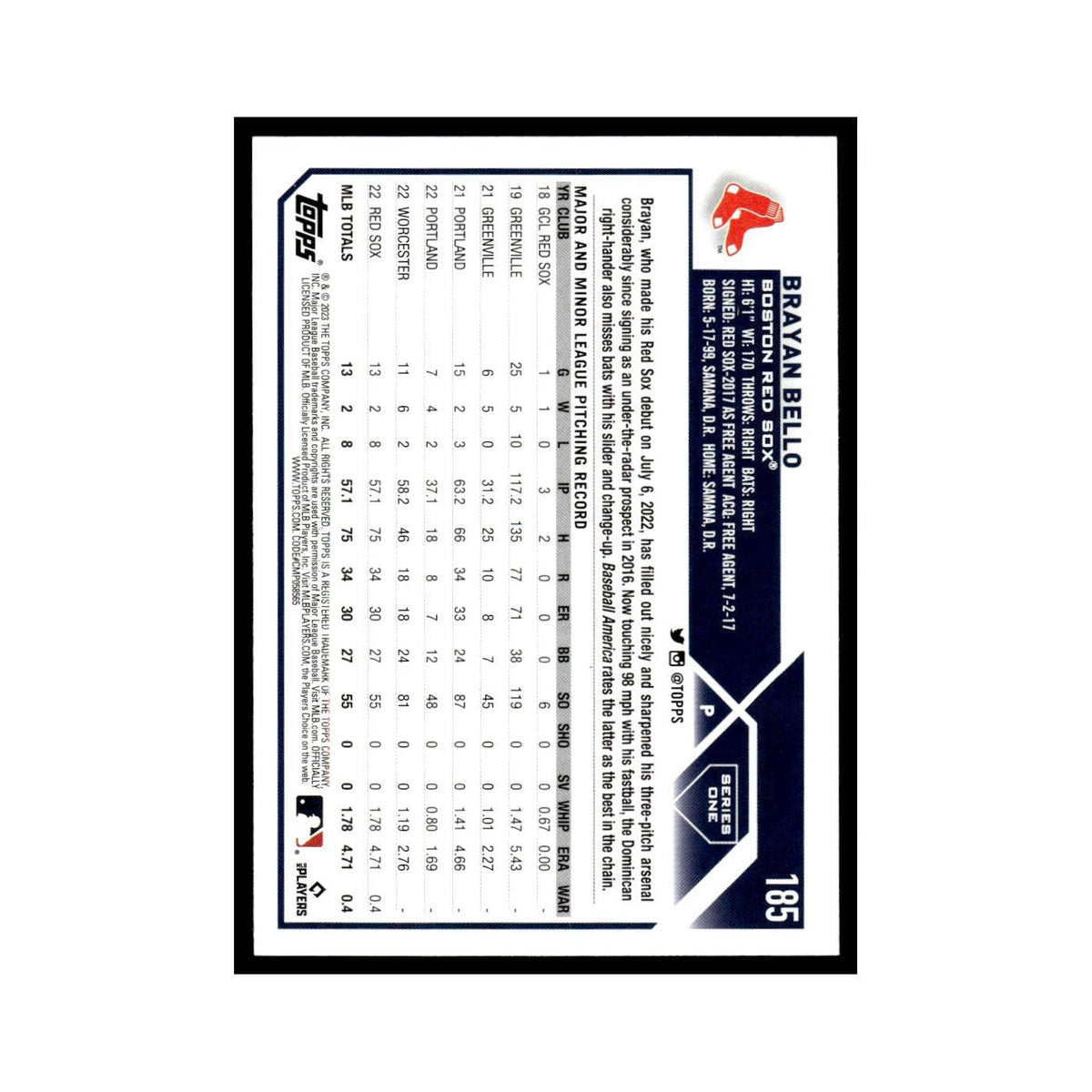Brayan Bello Rookie 2023 Topps #185 Boston Red Sox Baseball Card NM