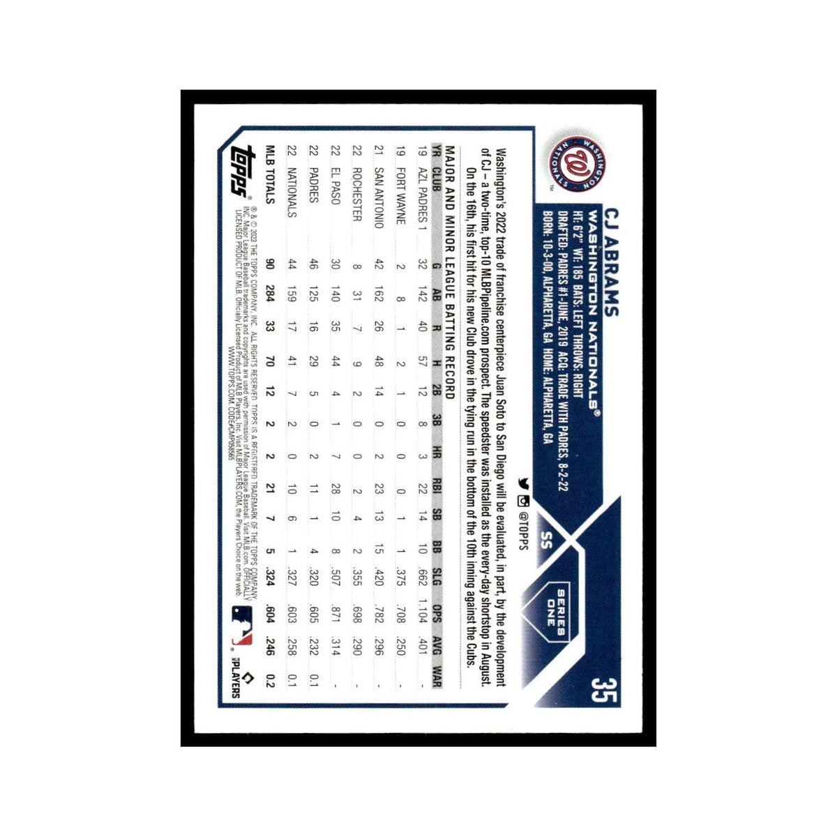 CJ Abrams 2023 Topps #35 Washington Nationals Baseball Card NM