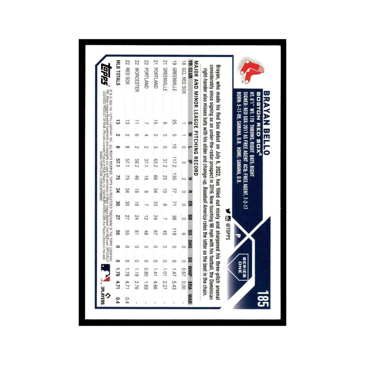 Brayan Bello Rookie 2023 Topps #185 Boston Red Sox Baseball Card NM