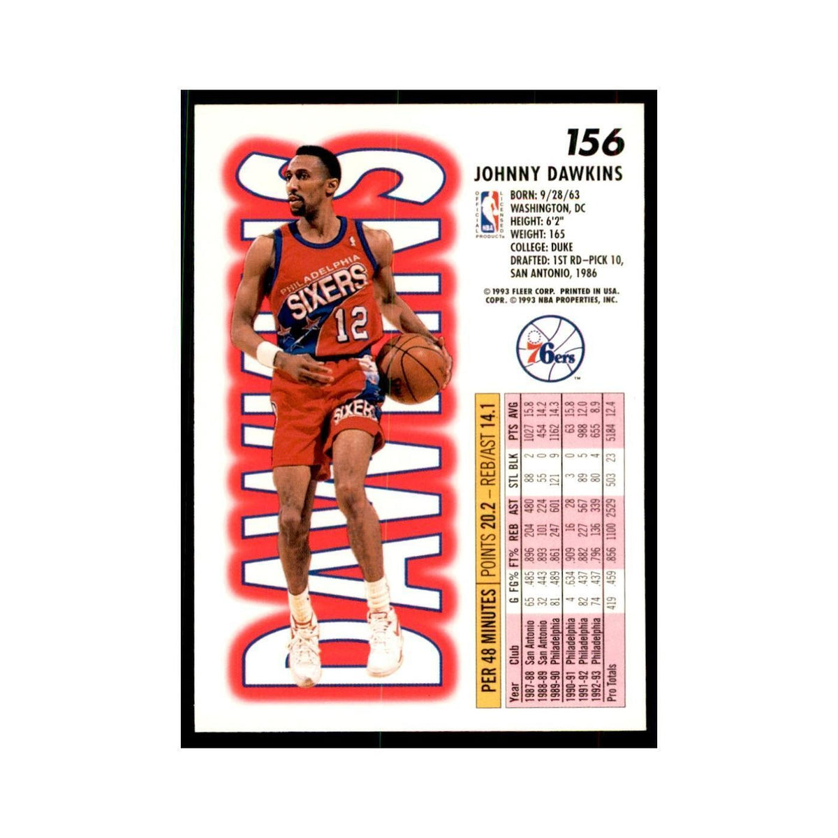 1993 Fleer: Johnny Dawkins Basketball Cards #156