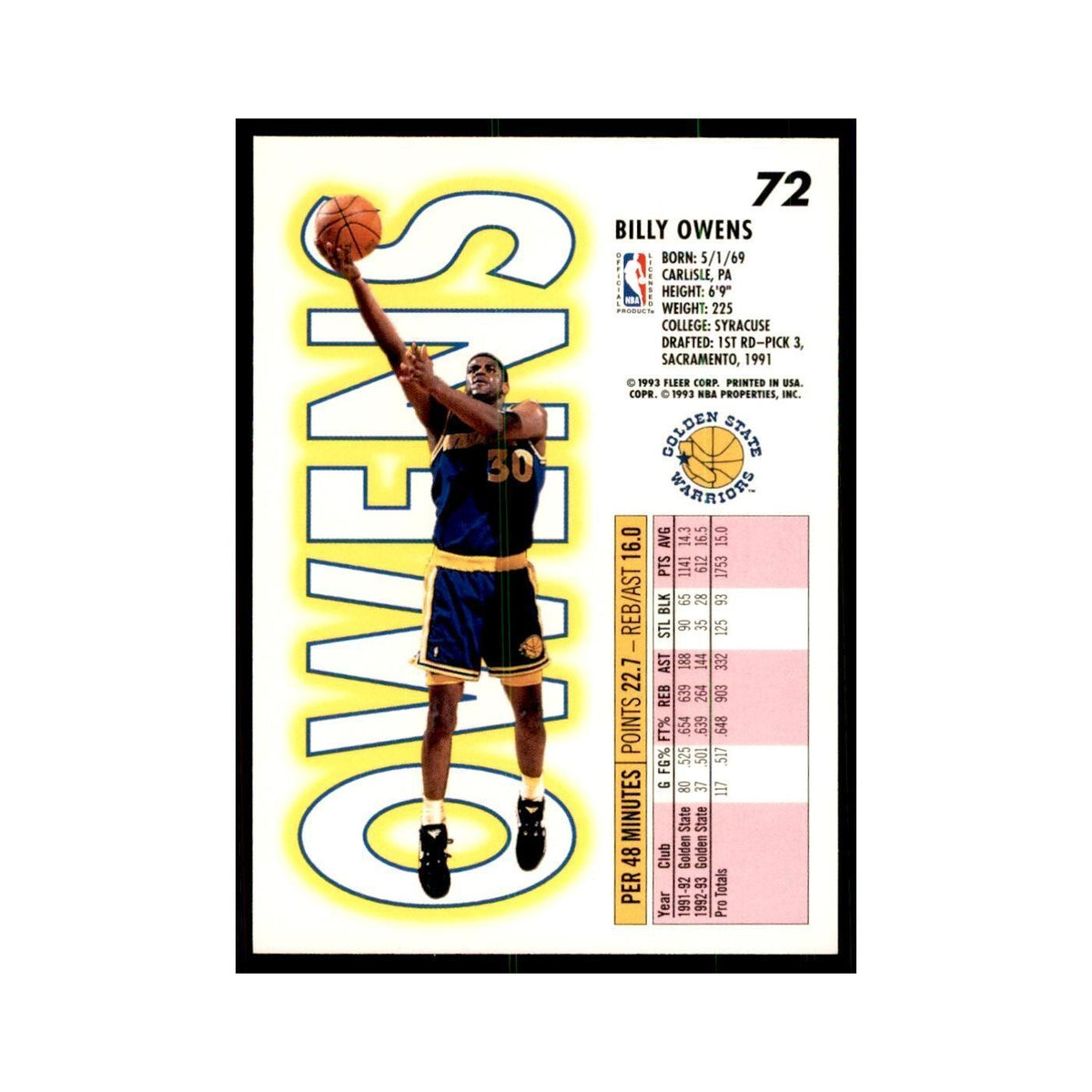 1993 Fleer: Billy Owens Basketball Cards #72