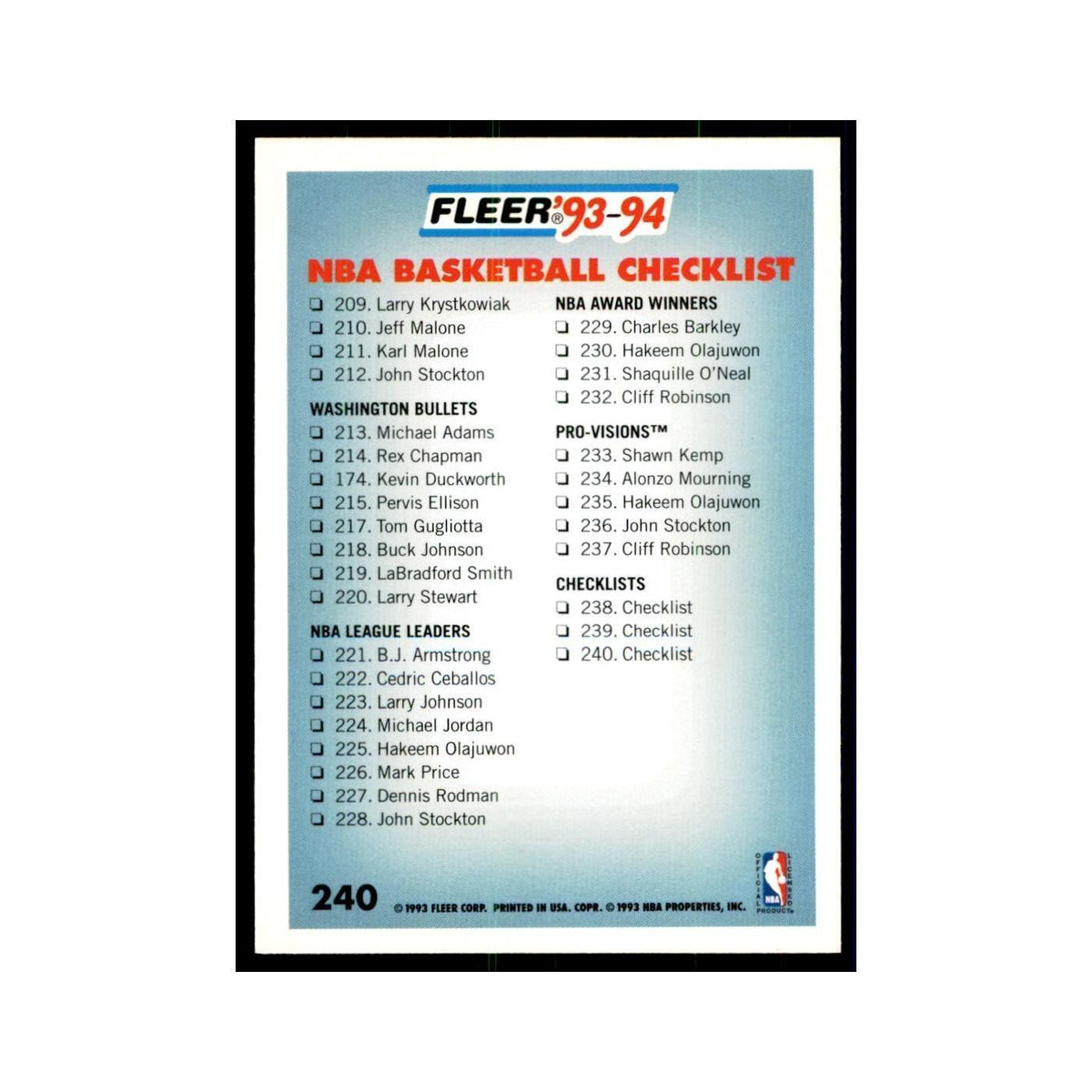 1993 Fleer: Checklist Basketball Cards #240