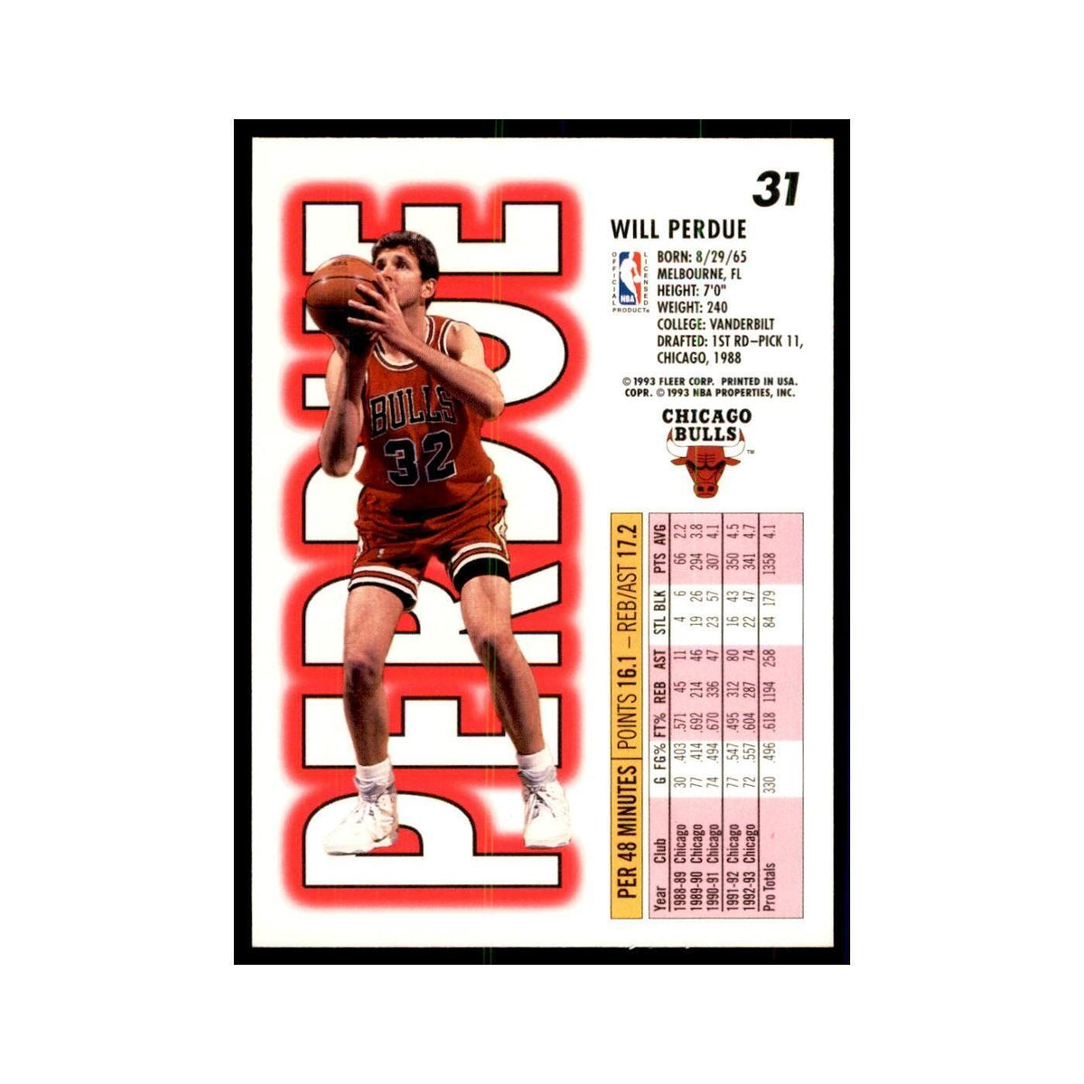 1993 Fleer: Will Perdue Basketball Cards #31