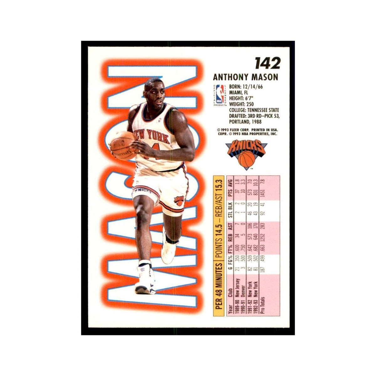1993 Fleer: Anthony Mason Basketball Cards #142