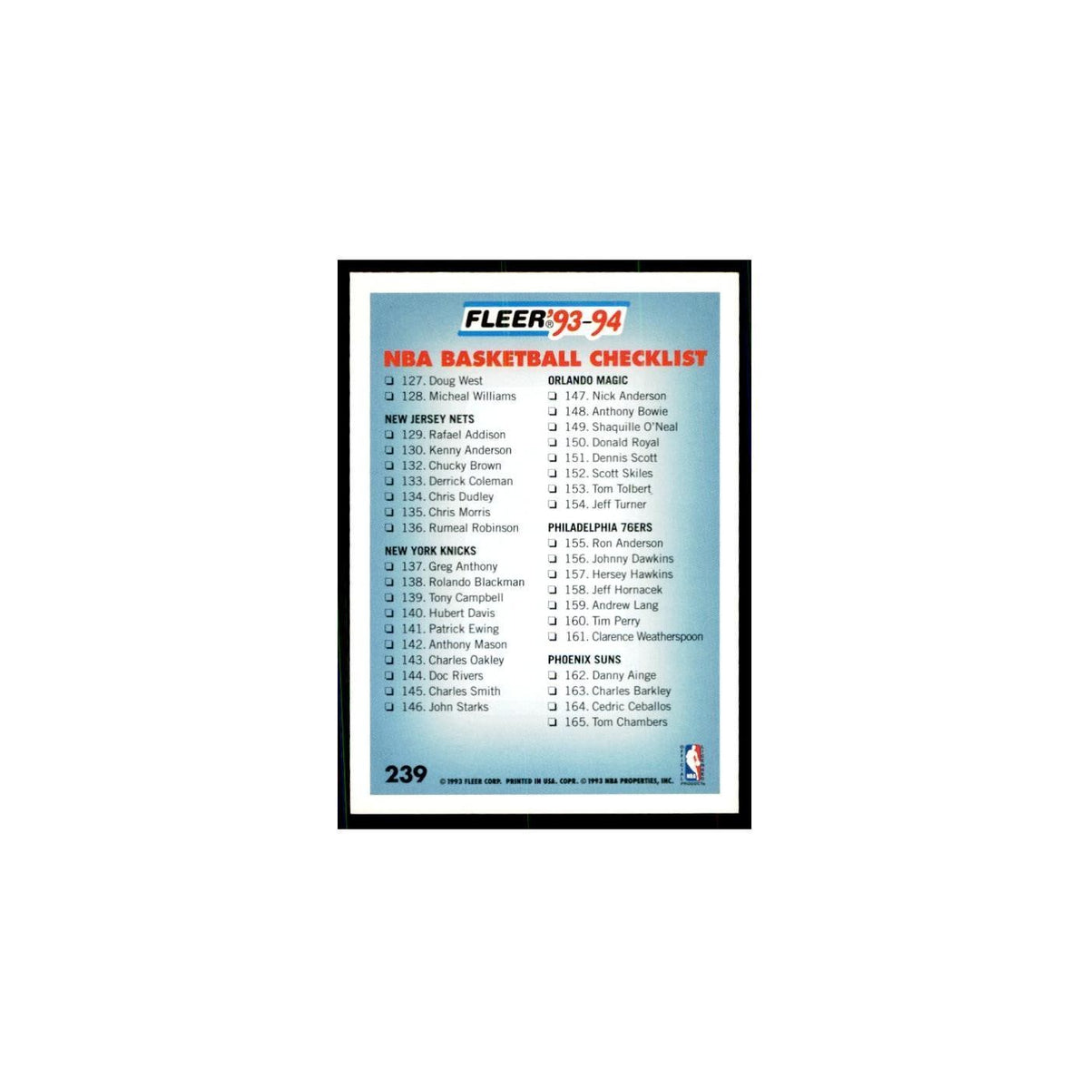 1993 Fleer: Checklist Basketball Cards #239