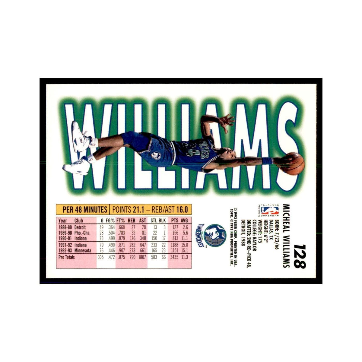 1993 Fleer: Micheal Williams Basketball Cards #128