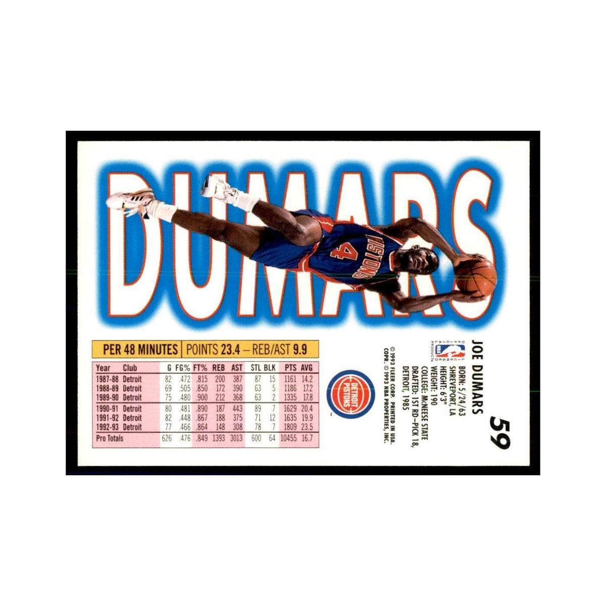 1993 Fleer: Joe Dumars Basketball Cards #59