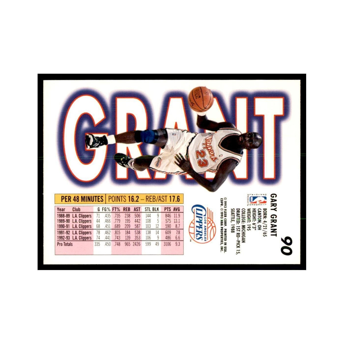 1993 Fleer: Gary Grant Basketball Cards #90