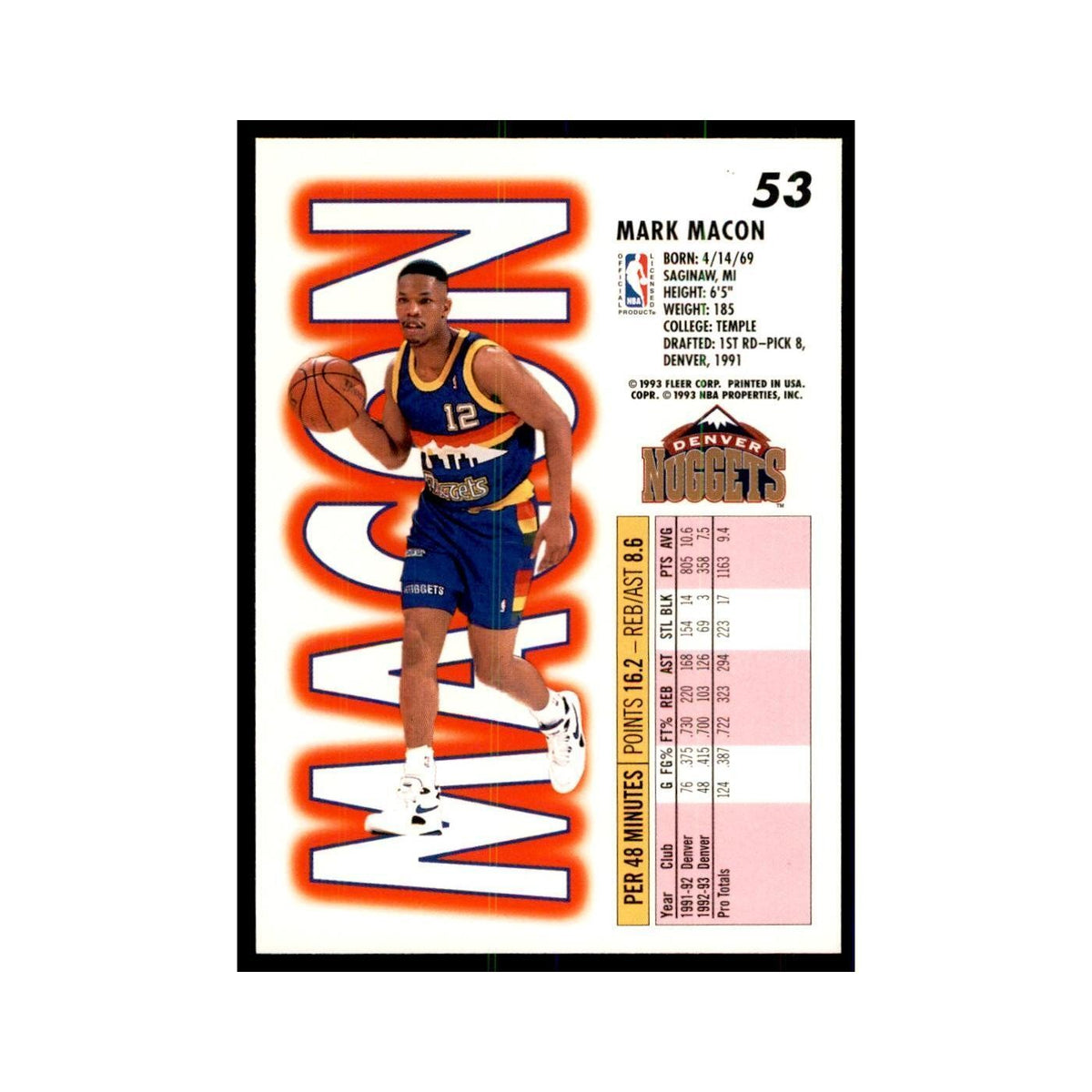 1993 Fleer: Mark Macon Basketball Cards #53